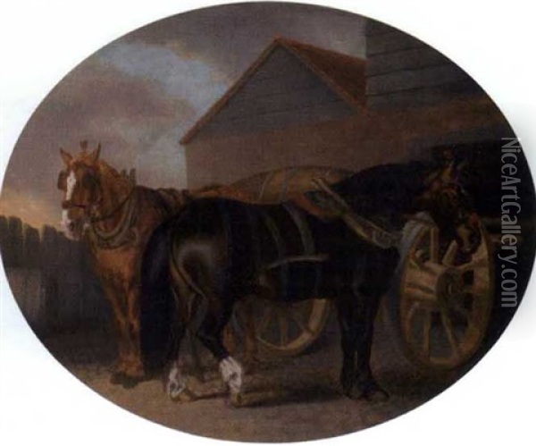 Schwarzes Jagdpferd (+ Karrenpferde; Pair) Oil Painting - Thomas Gooch