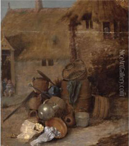A Farm Yard With A Still Life 
With Barrels, A Copper Jug And Bucket, A Basket, A Watering-can And 
Earthenware Pots And Bowls, Peasants In A Farm Beyond Oil Painting - David The Younger Ryckaert