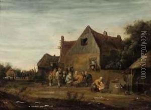 A Wooded Landscape With Peasants Outside A Tavern Oil Painting - Pieter de Bloot