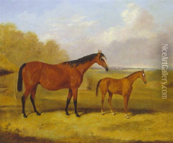 A Bay Mare With A Chestnut Foal In An Extensive Landscape Oil Painting - Thomas Walker Bretland