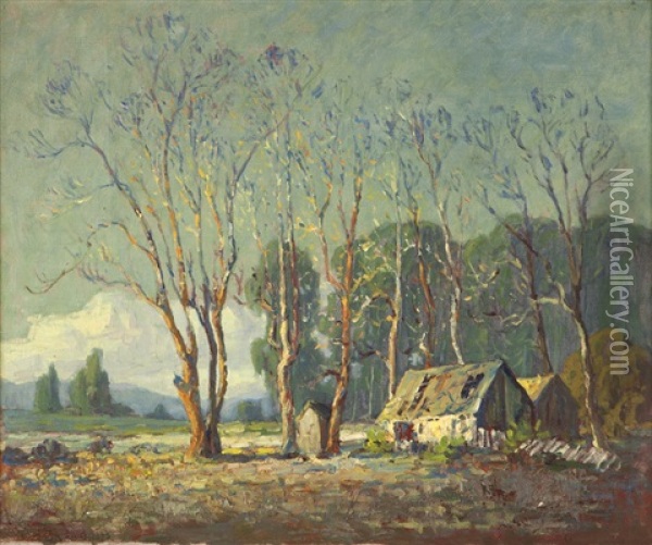 Cabin And Eucalyptus In A California Landscape Oil Painting - George Kennedy Brandriff