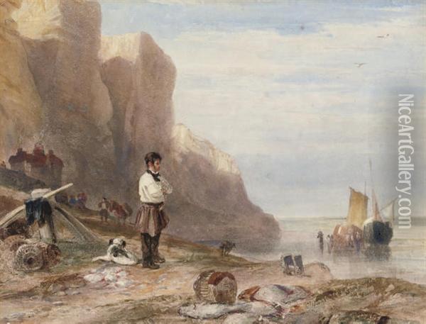 A Man And His Dog Before The East Cliffs, Hastings Oil Painting - Samuel Austin