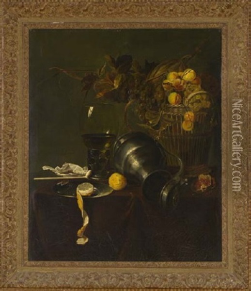 A Platter Of Fruit, Flowers And A Lobster On A Partially Draped Table (+ A Roemer, Silver Ewer And A Partly Peeled Lemon; Pair) Oil Painting - Abraham van Beyeren