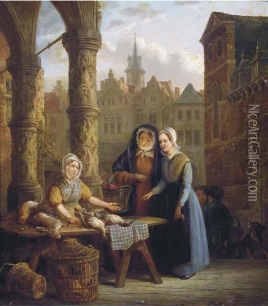 Ladies Visiting A Market Oil Painting - Willem Pouwelsen
