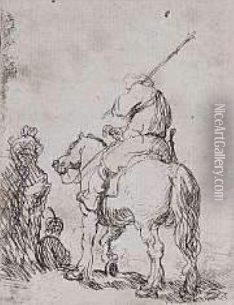 Turbaned Soldier On Horseback (bartsch 139) Oil Painting - Rembrandt Van Rijn