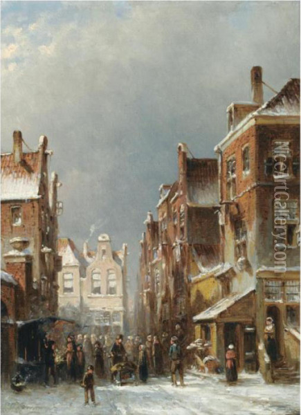 Figures In The Streets Of A Wintry Dutch Town Oil Painting - Pieter Gerard Vertin