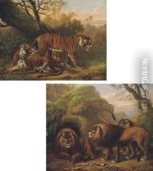 Tigers Beside A Tree; And Lions In A Rocky Landscape, Rapids Beyond Oil Painting - Charles Towne