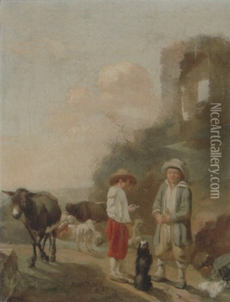 A Landscape With Young Boys Tending Their Animals Before A Set Of Ruins Oil Painting - Karel Dujardin