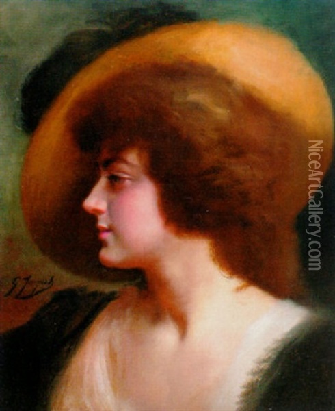 Portrait Of A Lady Wearing A Straw Hat Oil Painting - Gustave Jean Jacquet