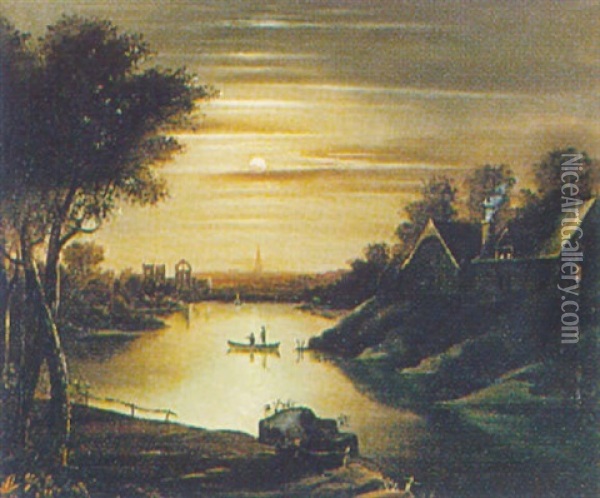Punting By Moonlight, A Cathedral Spire In The Distance Oil Painting - Henry Pether