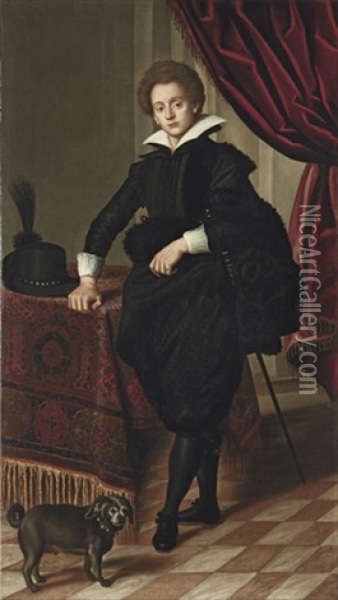 Portrait Of A Gentleman In Black Doublet, Mantle And Pantaloons Oil Painting - Jacopo (da Empoli) Chimenti