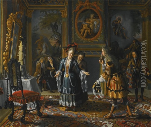 Interior With An Elegant Lady Receiving A Suitor Oil Painting - Matthys Naiveu