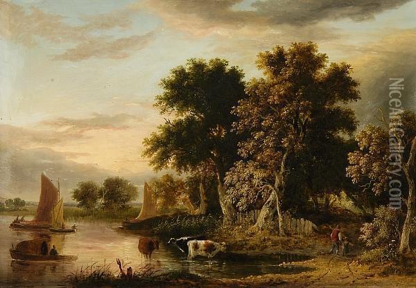 A River Landscape With Figures And Cattle Nearsmall Craft Oil Painting - Samuel David Colkett