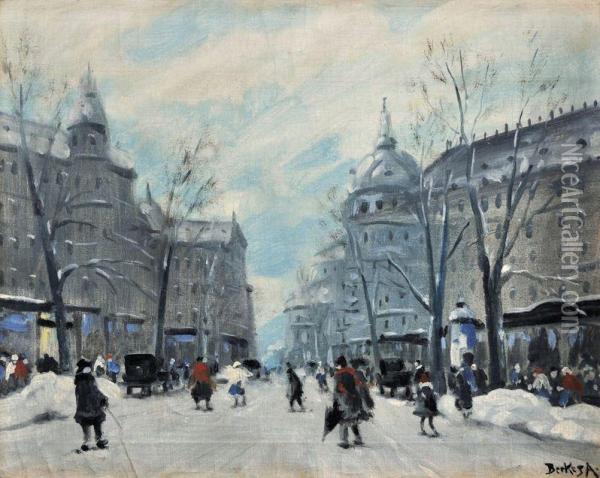Budapest V Zime Oil Painting - Antal Berkes