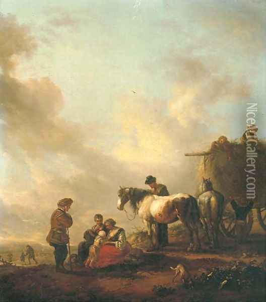 Figures resting before a haycart Oil Painting - Philips Wouwerman