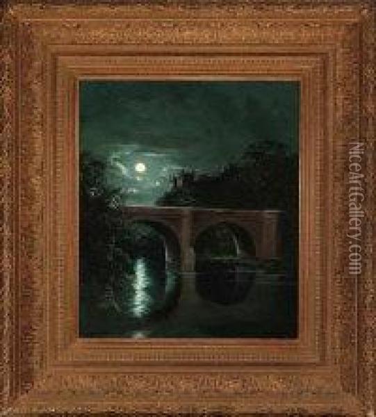 Prebends Bridge, Durham City By Moonlight Oil Painting - Edward Hill