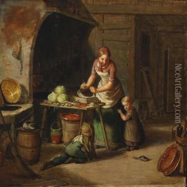 A Mother In The Kitchen While The Children Areplaying Oil Painting - David Monies