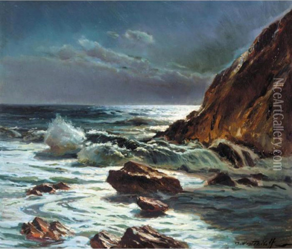 Waves On A Moonlit Shore Oil Painting - Constantin Alexandr. Westchiloff