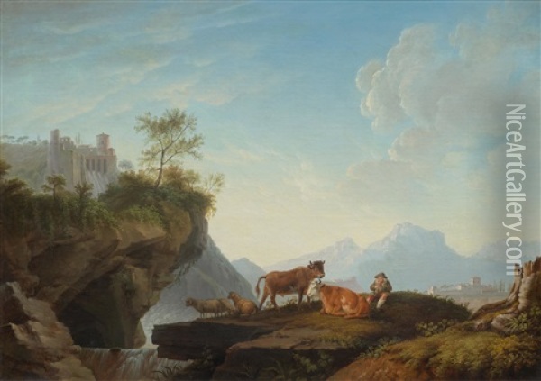 Flute-playing Shepherd With Cattle In A Landscape Oil Painting - Hendrik Voogd