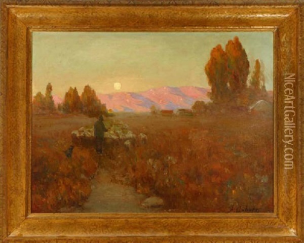 Shepherd And Flock In Sunset Landscape Oil Painting - Frank Coburn