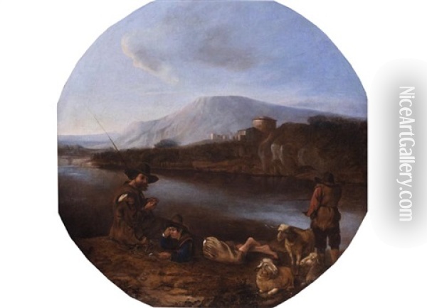 Hirten In Italienischer Landschaft Am Ufer Eines Flusses Oil Painting - Michelangelo Cerquozzi