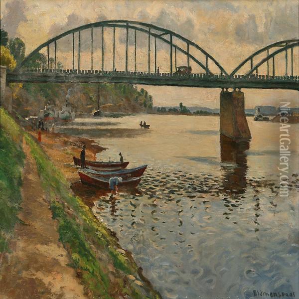 Summer Day At A Coast With A Bridge Oil Painting - Aage Blumensaadt