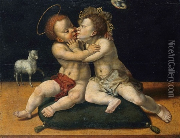 Christus Und Johannes Als Kinder, Sich Kussend Oil Painting - Joos Van Cleve