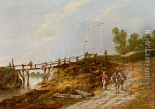 Asinaio In Un Paesaggio Con Ponte Di Legno Oil Painting - Esaias Van De Velde