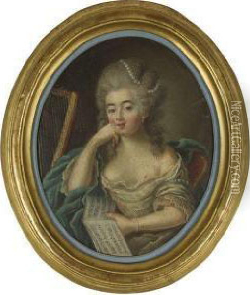 Jeune Femme Au Collier De Perles Pres D'une Harpe Oil Painting - Jean-Frederic Schall