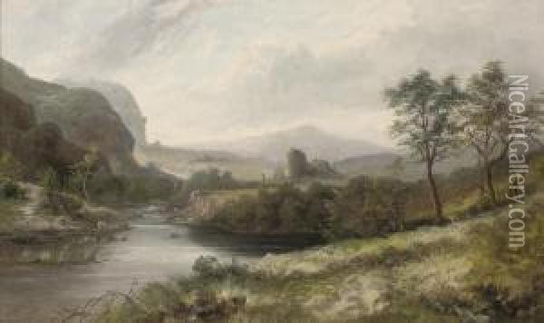 A River Landscape With A Ruin In The Distance Oil Painting - William Morgan