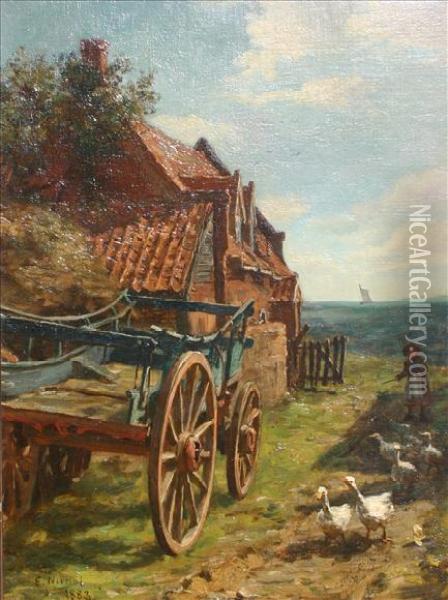 Young Girl Leadinggeese Beside A Cart And Farmhouse Oil Painting - Edwin Nichol