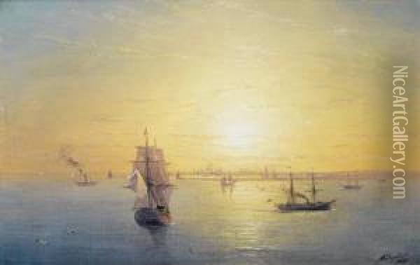 Russian Shipping At Sunset Oil Painting - Ivan Konstantinovich Aivazovsky