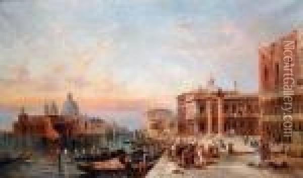 sunset On The Grand Canal, Venice, View Towards The Santa Maria Della Sallote Oil Painting - Alfred Pollentine