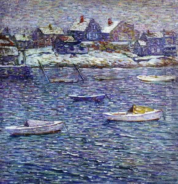 Boats in Winter, Rockport, Massachusetts Oil Painting - Charles Salis Kaelin