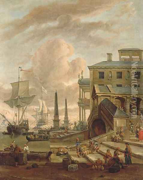 A capriccio of a Mediterranean harbour with stevedores, orientals and elegant figures, with shipping beyond Oil Painting - Abraham Storck