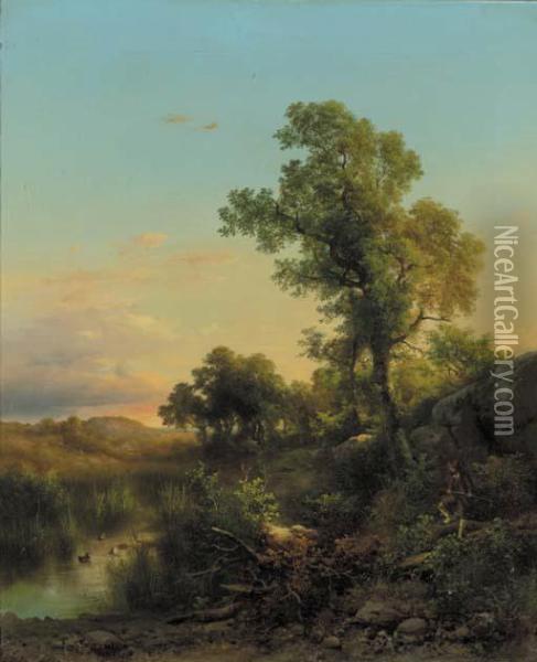 Maremma Presso S. Vincenzo, Tuscany: A Wooded Landscape With Ahuntsman Stalking Ducks Oil Painting - Guido Agostini
