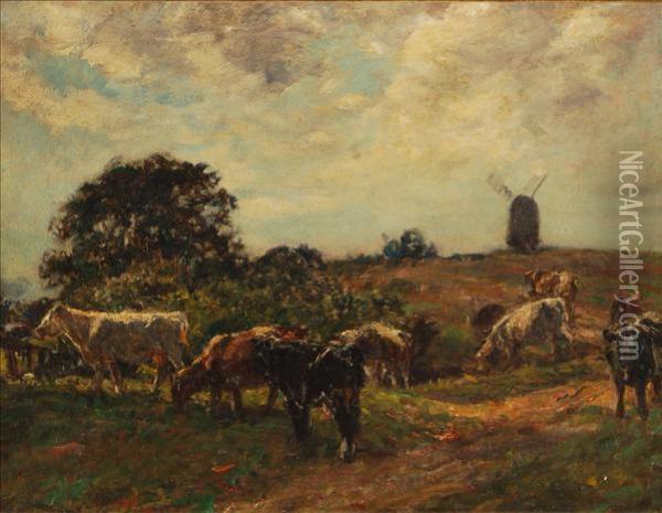 Cattle Grazingin A Landscape, A Windmill Beyond Oil Painting - William Mark Fisher