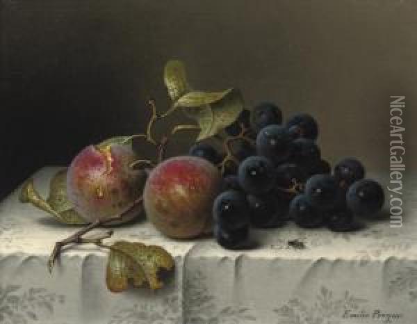 Prunes And Grapes On A Damast Tablecloth Oil Painting - Emilie Preyer