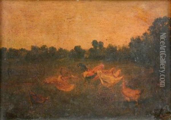Study Of Chickens In A Farmyard Landscape Oil Painting - J.C.A. Duval