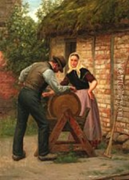 Leen Slibes (sharpening The Scythe) Oil Painting - August Heinrich Georg Schiott