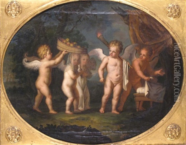 An Allegorical Scene With Putti Offering Apples And A Dove Oil Painting - Angelika Kauffmann