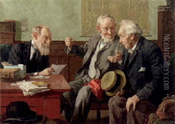 Three Gentlemen Conversing Oil Painting - Louis Charles Moeller