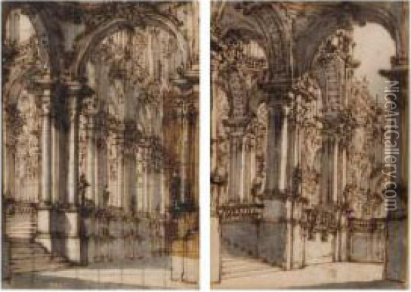 Pair Of Fantastical Views Of Arched Cloisters Oil Painting - Ferdinando Galli Bibiena