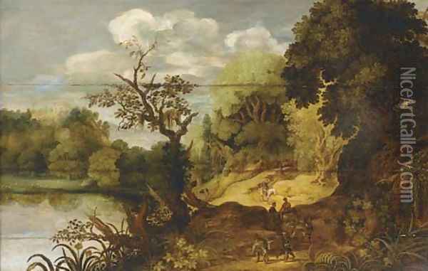 A wooded landscape with travellers on a track by a lake Oil Painting - Flemish School