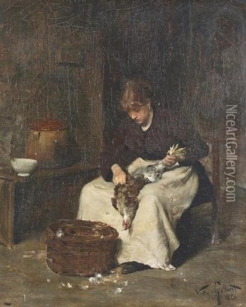 Junge Frau Beim Huhnerrupfen. Oil Painting - Victor-Gabriel Gilbert