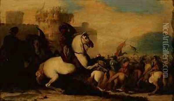 A Cavalry Engagement Outside a Fort Oil Painting - Jacques Courtois