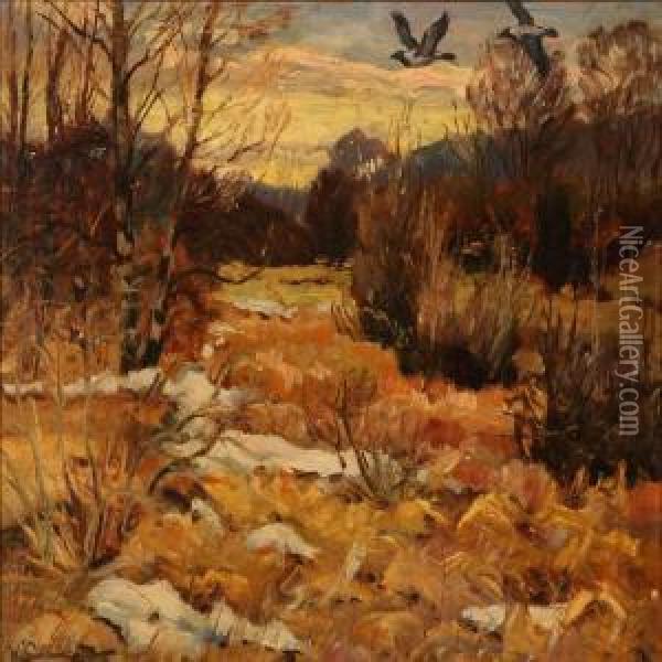 Winter Landscape At Sunset Oil Painting - William Gislander