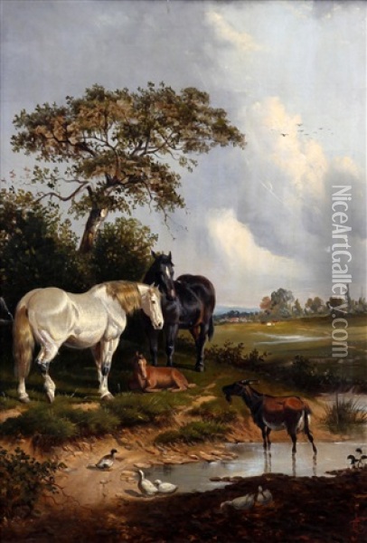 Horses And Foal, Goat And Ducks By A Pond Before A Landscape Oil Painting - Samuel Joseph Clark