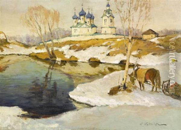 Winter Landscape With View Of A Church Oil Painting - Constantin Alexandr. Westchiloff