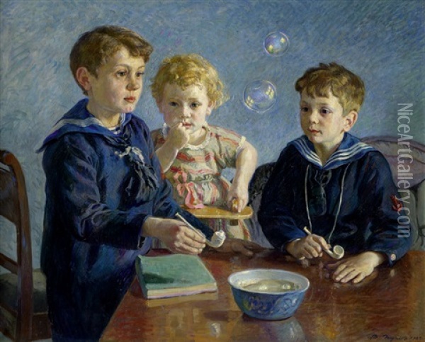 Zwei Jungen In Matrosenanzugen Und Ein Kleines Madchen Beim Seifenblasen Pusten Oil Painting - Borge Christoffer Nyrop